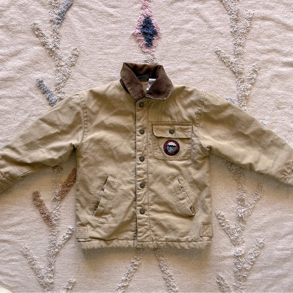 Vintage Kids Headquarters Tan Chore Jacket Brown Collar kids size 5